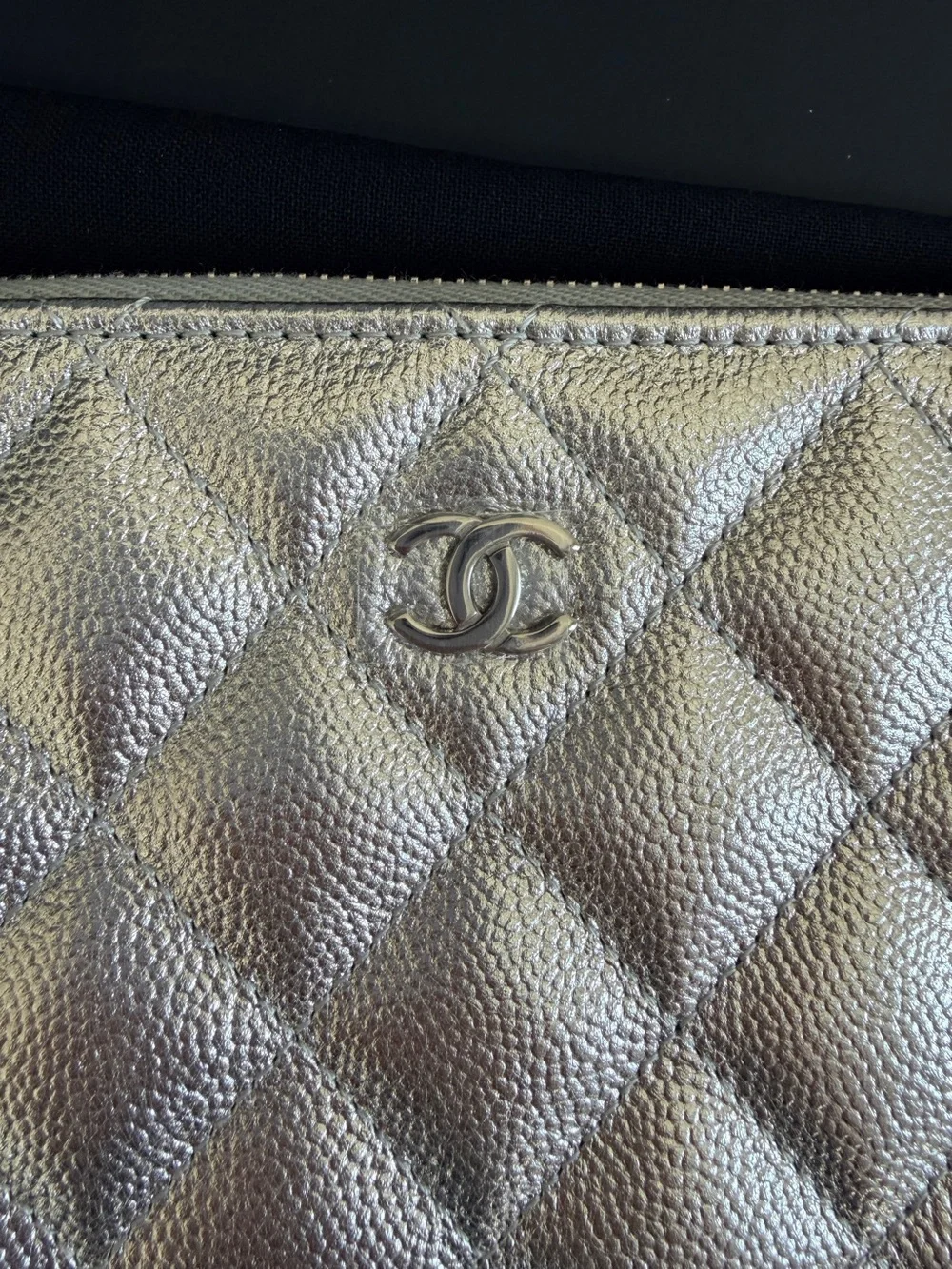 CHANEL Small O Case Silver Quilted CC Zip Pouch